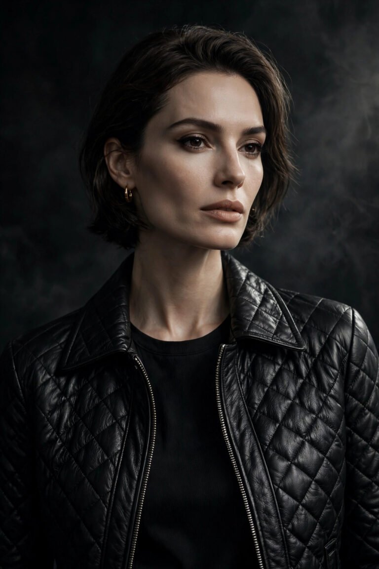 Woman wearing a clean, fresh black leather jacket kept odor-free with proper storage