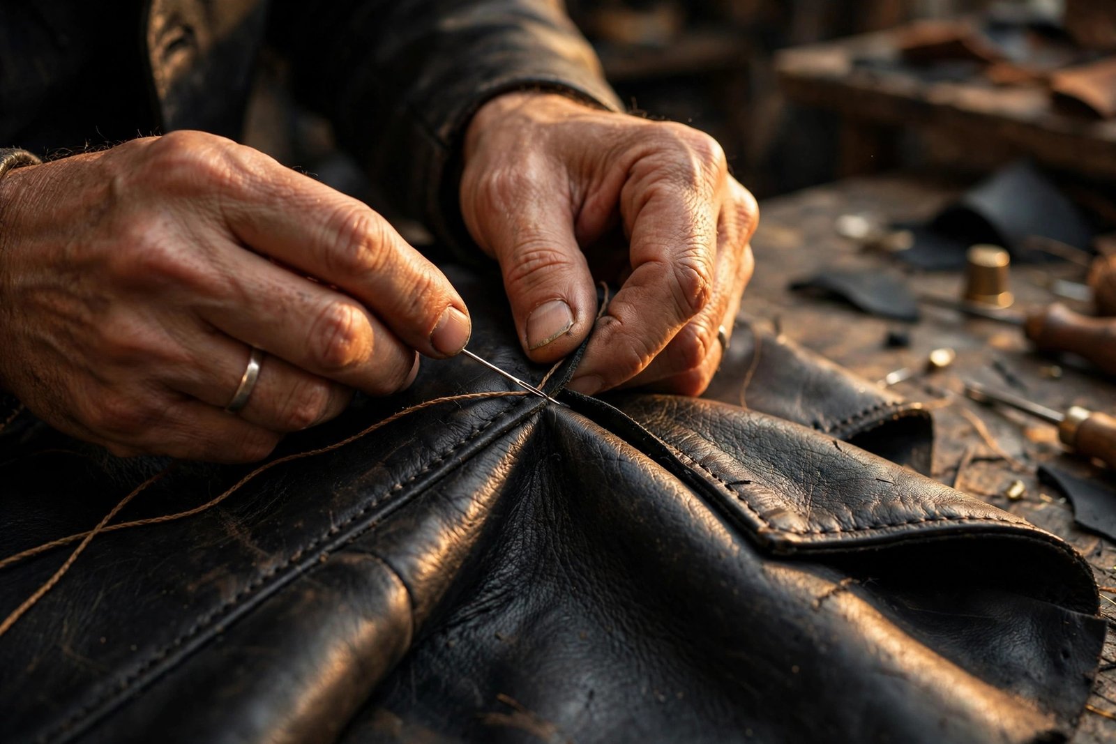 Artisan hand-finishing a leather jacket