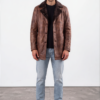 Brown Shearling-Collar Leather Coat