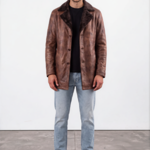 Brown Shearling-Collar Leather Coat