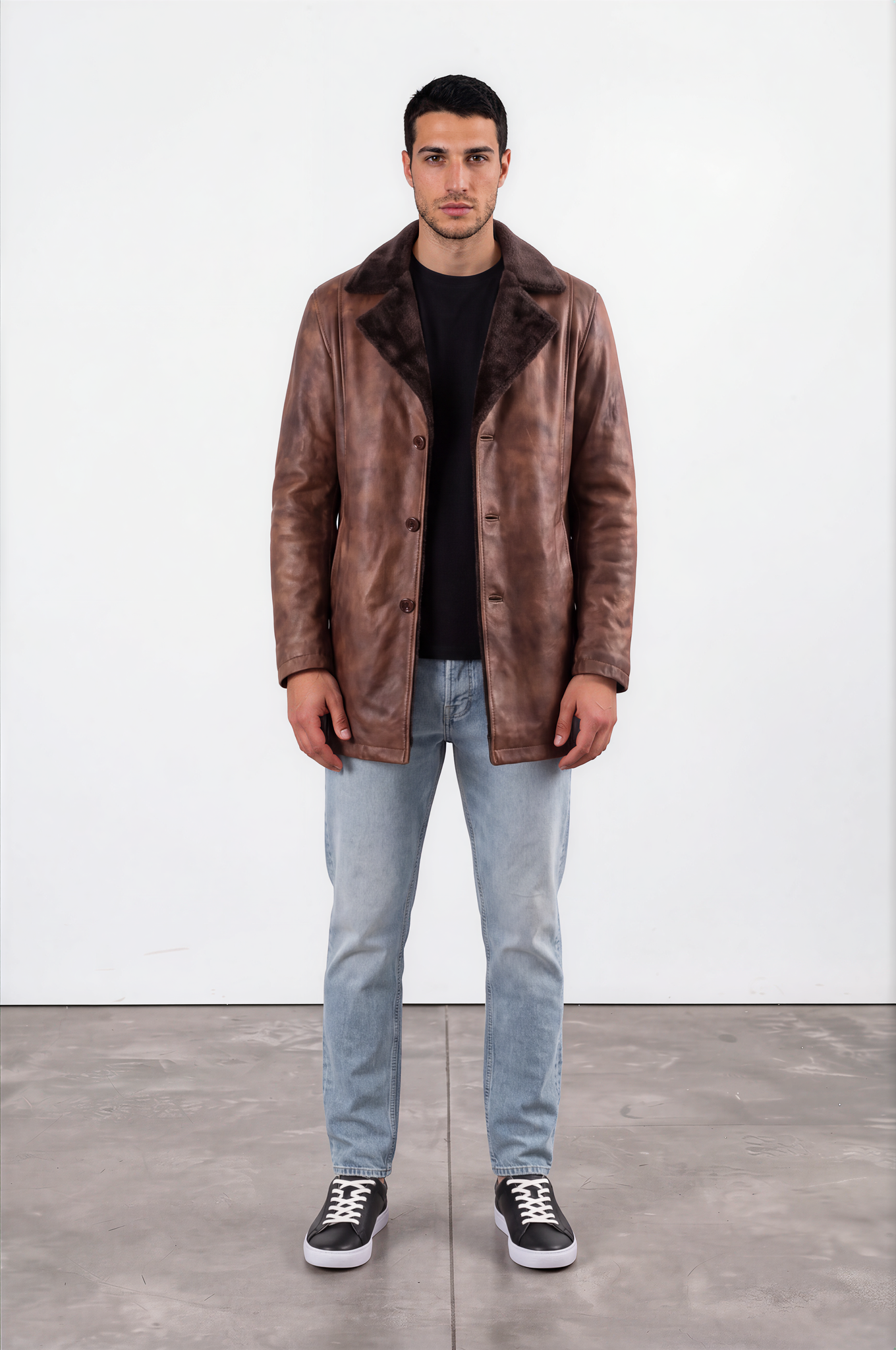 Men's brown shearling-collar leather coat