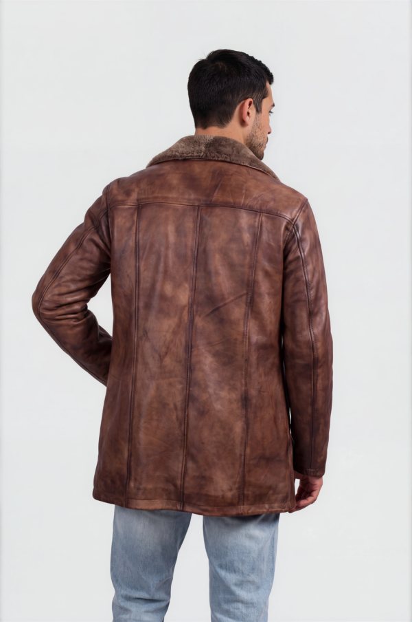 Brown Shearling-Collar Leather Coat