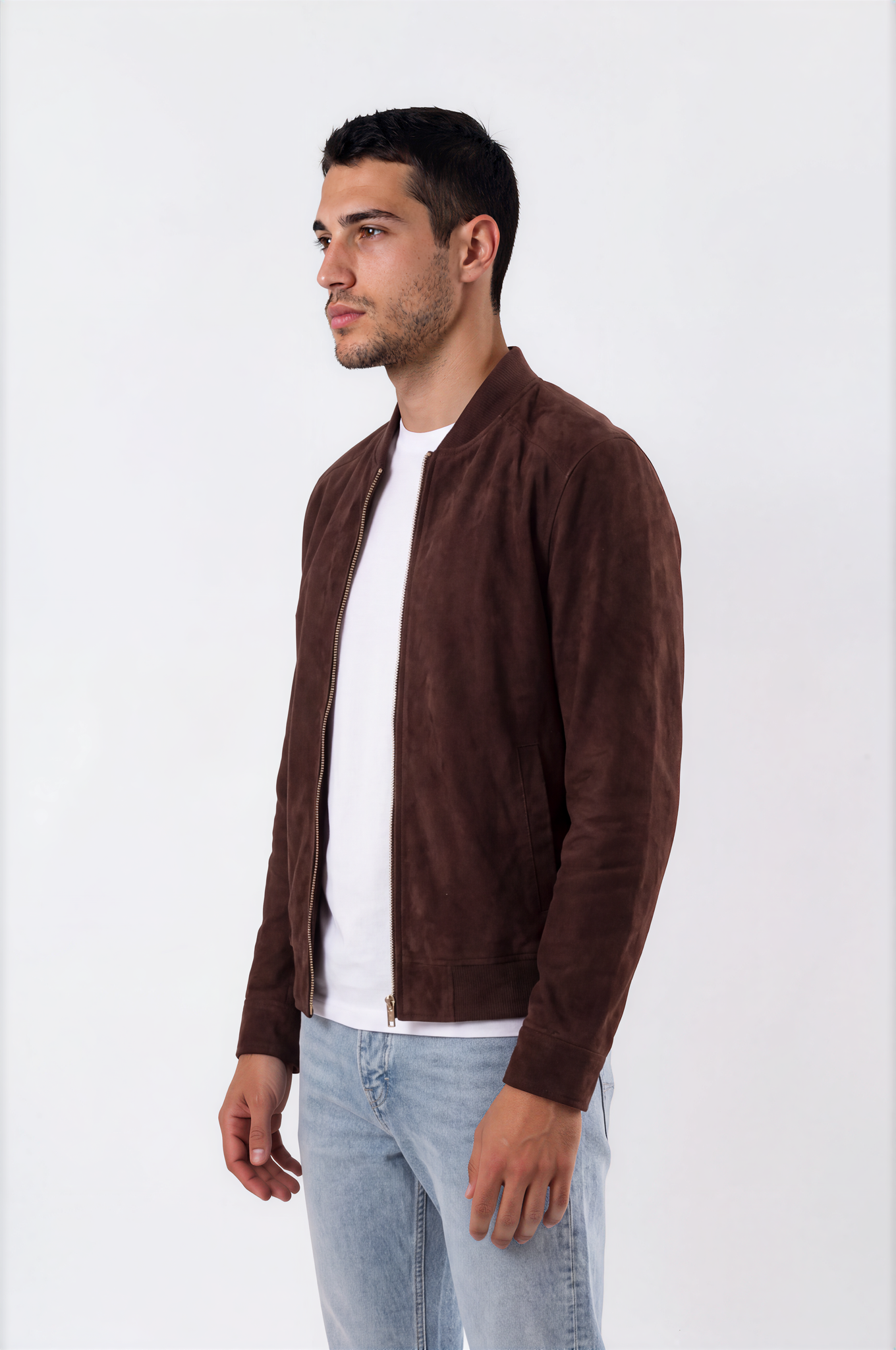 Men's cognac brown suede bomber jacket