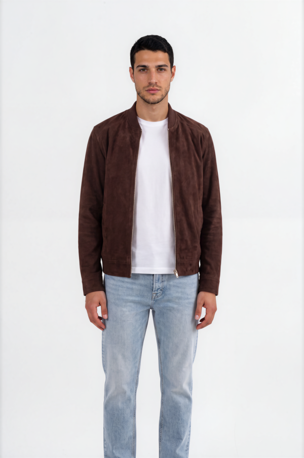 Cognac Brown Suede Bomber Jacket