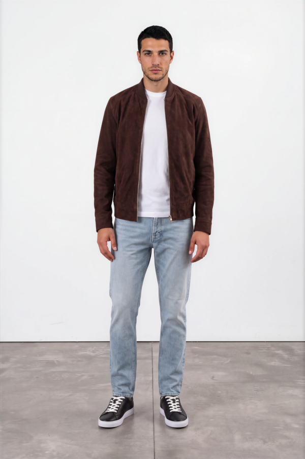 Cognac Brown Suede Bomber Jacket