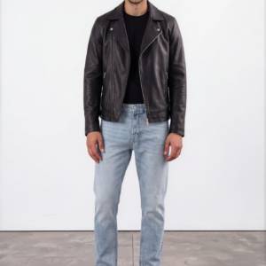 Black Asymmetric-Zip Leather Biker Jacket