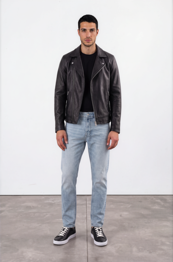 Black Asymmetric-Zip Leather Biker Jacket