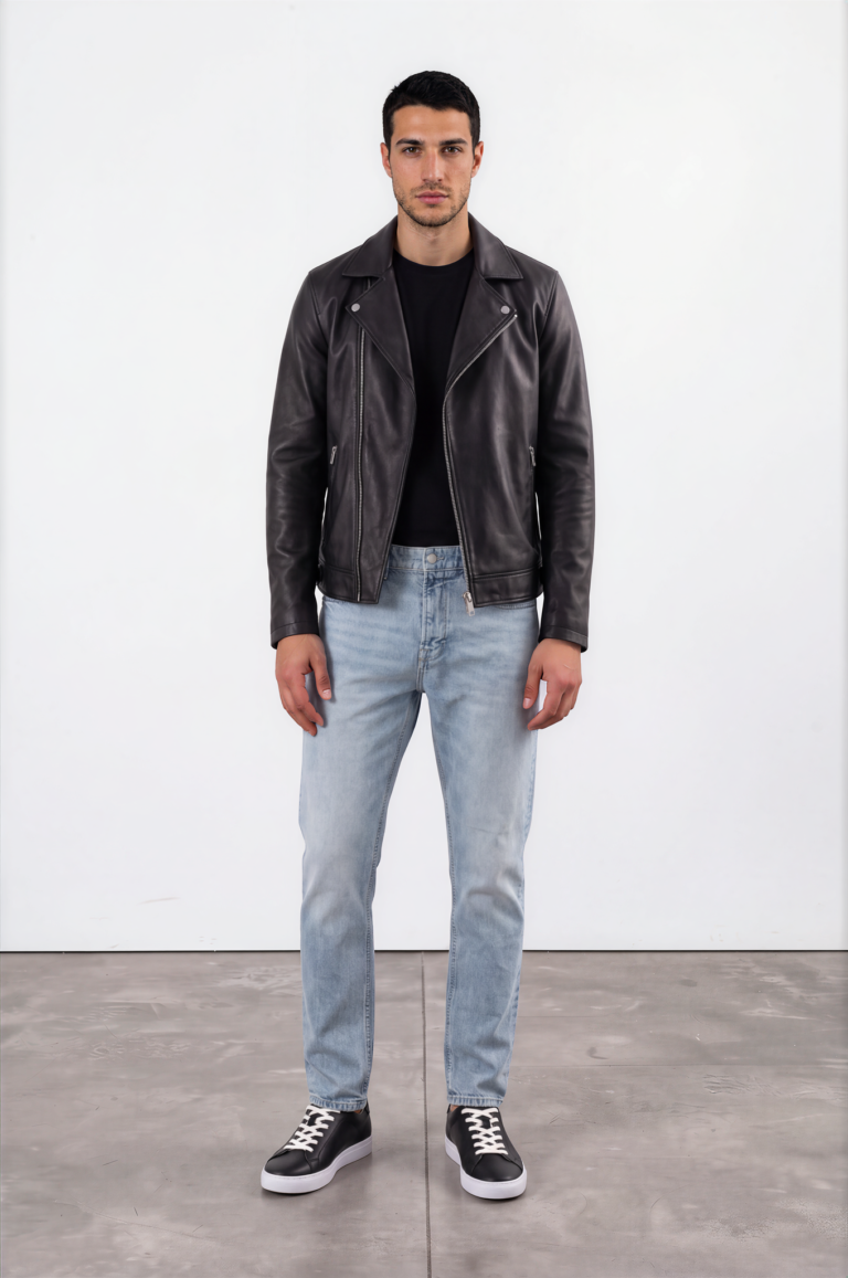 Men's black asymmetric-zip leather biker jacket
