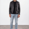 Black Asymmetric-Zip Leather Biker Jacket