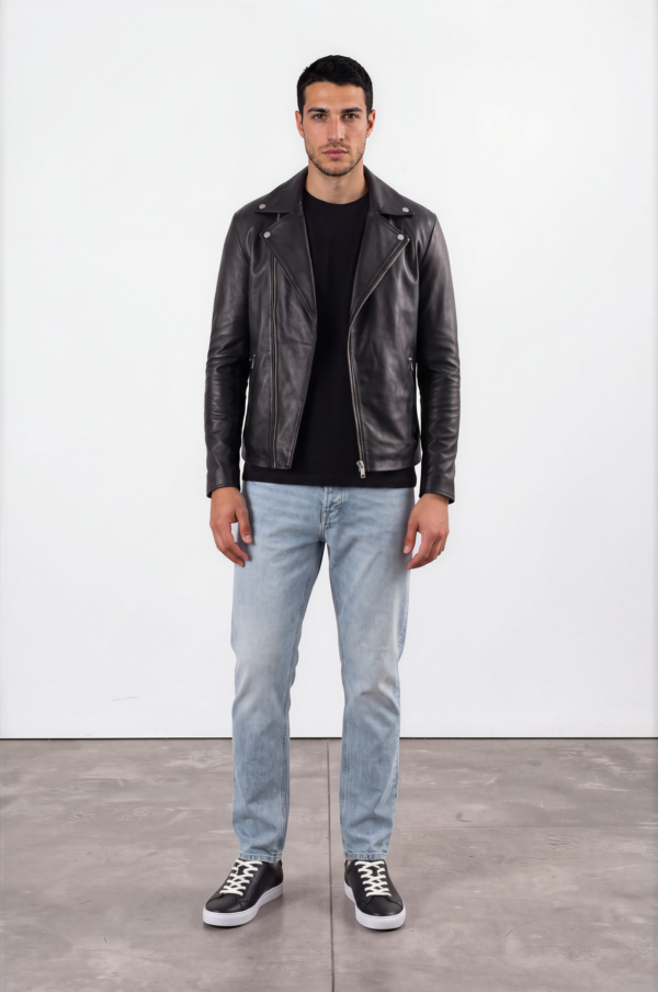 Black Asymmetric-Zip Leather Biker Jacket
