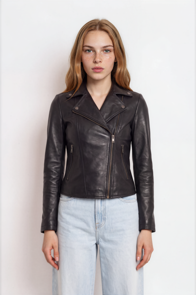 Women's black asymmetric-zip leather biker jacket