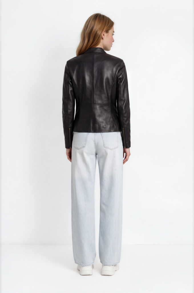 Close-up of black leather grain on an asymmetric biker jacket showing texture that needs conditioning