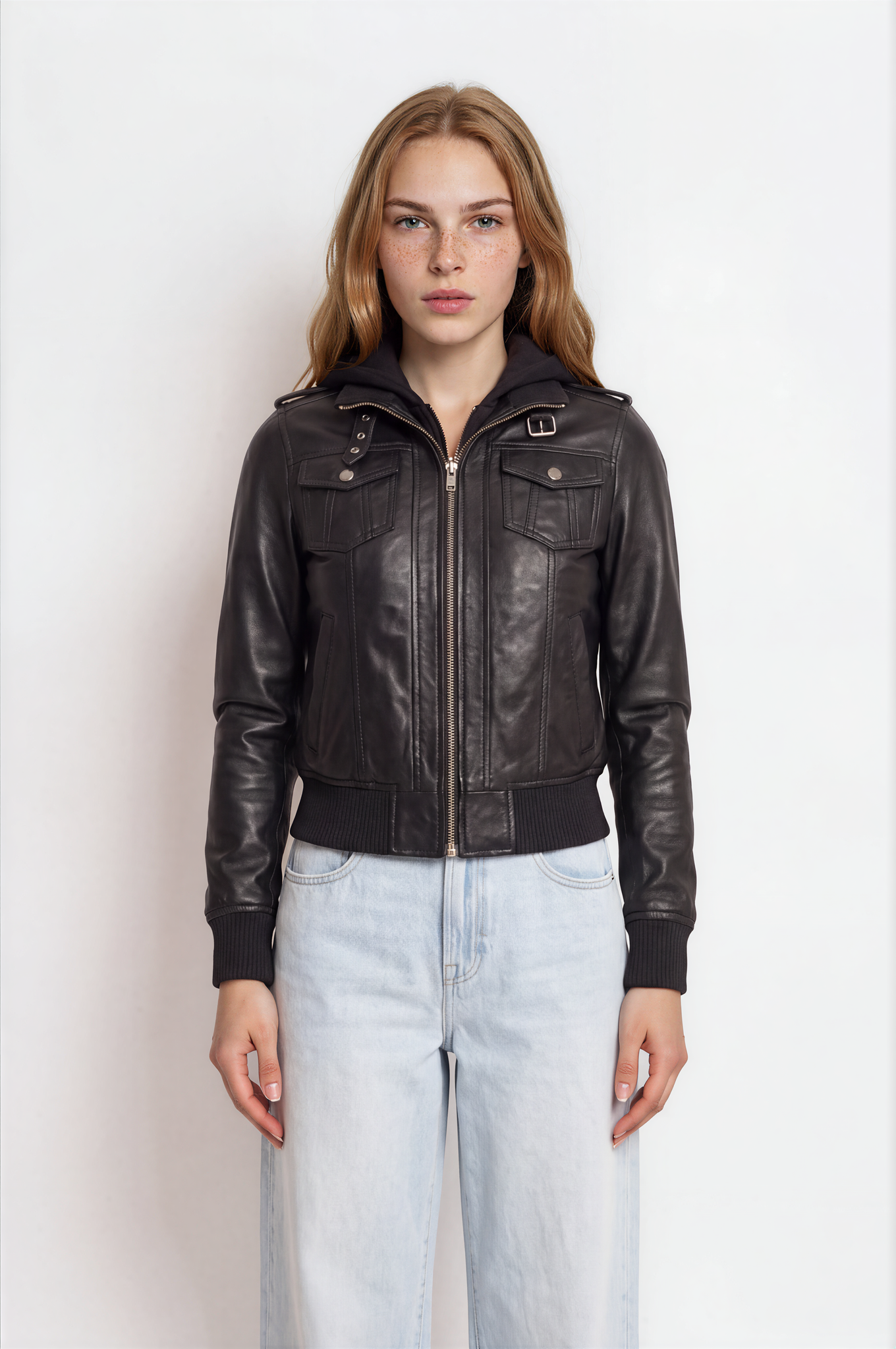 Black hooded leather jacket with room for winter layering