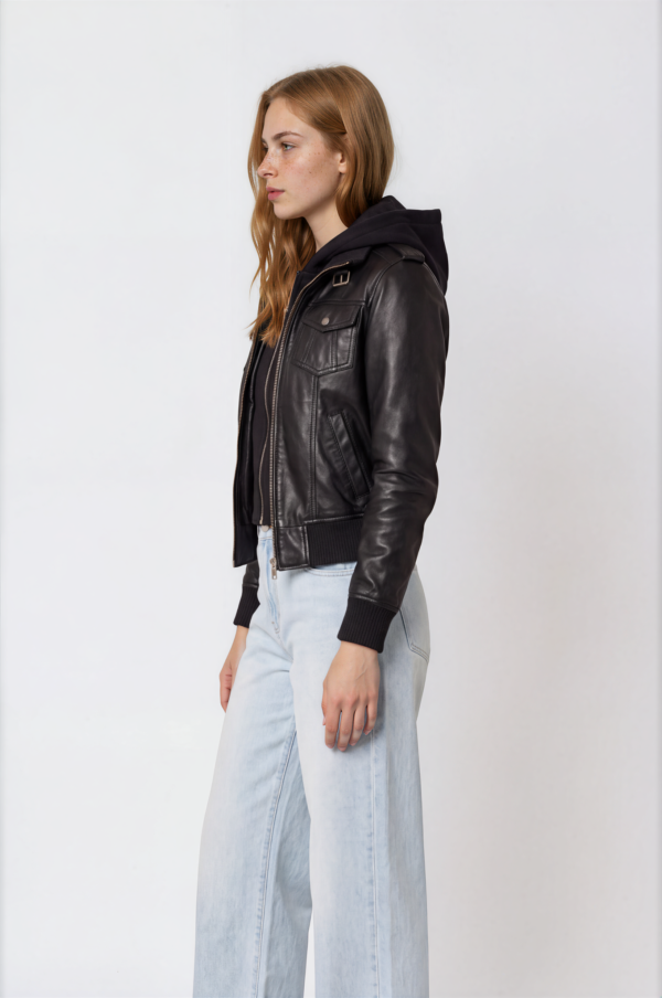 Women's Black Hooded Leather Jacket